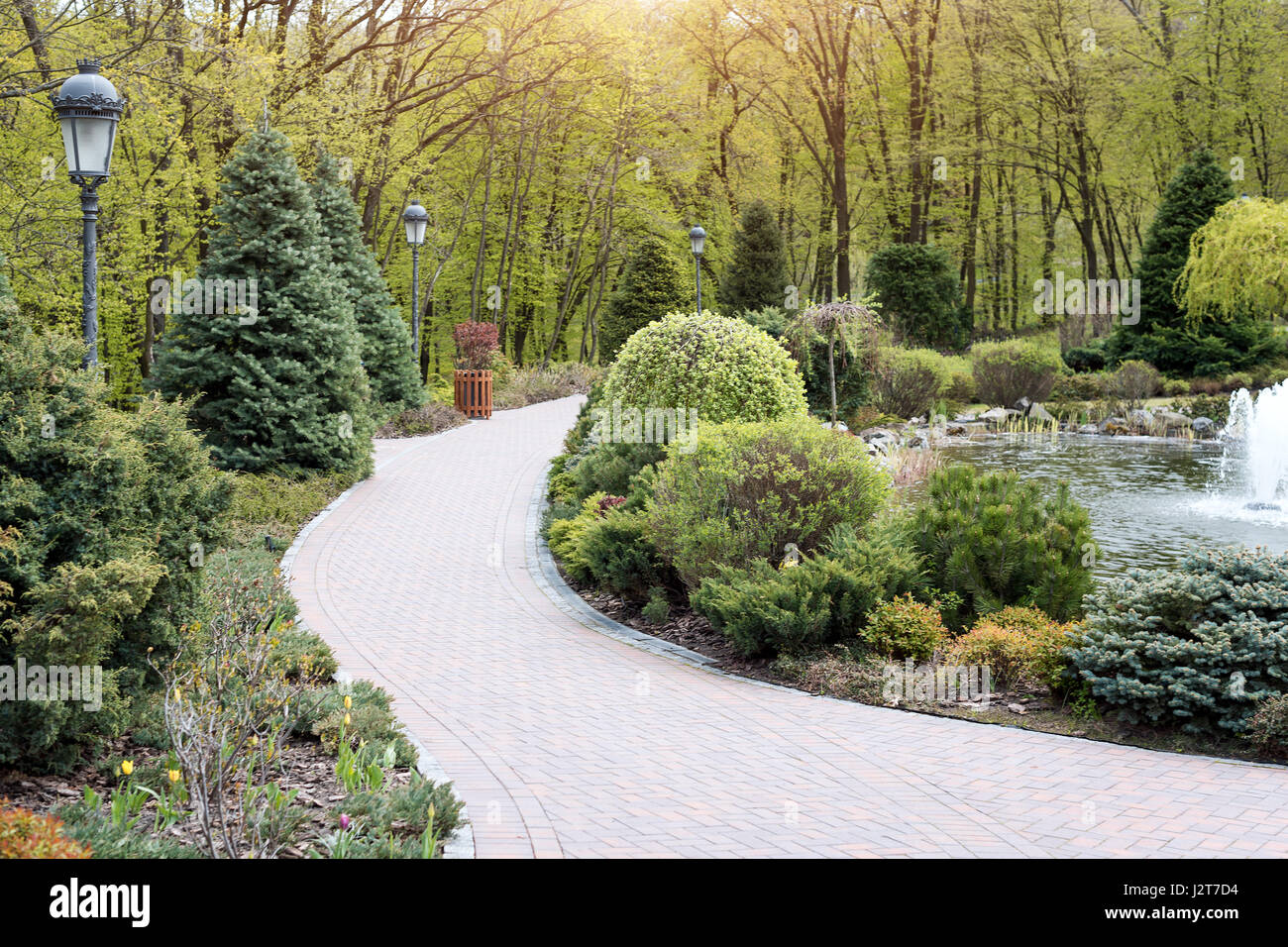 Winding path through the landscaped summer park. Green park outdoor ...