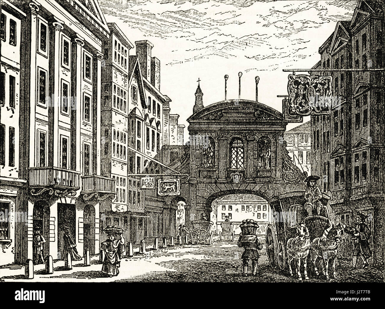 Temple Bar Gateway, London and the Devil Tavern pictured in the 18th century. Victorian engraving circa 1880. Stock Photo