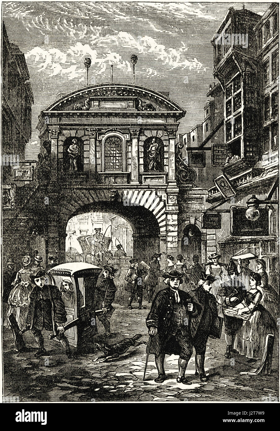 Temple Bar Gateway, London at the time of Dr Samuel Johnson in the 18th century. Victorian engraving circa 1880. Stock Photo