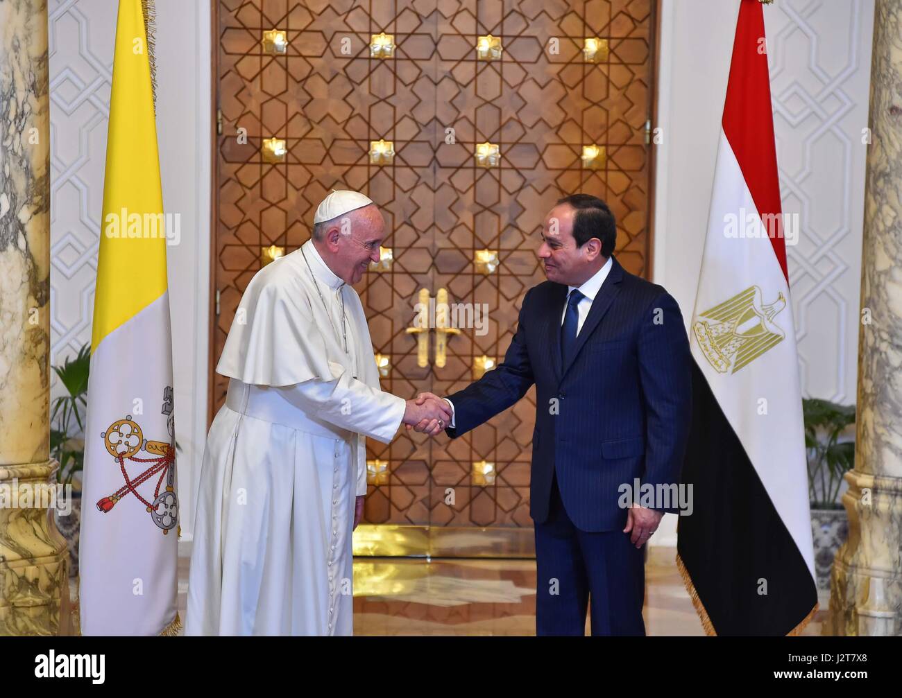 28 April 2017 - Cairo, Egypt - Pope Francis visits Egypt hosted by Egyptian President Abdel Fatah Al Sisi, where he gave speeches for peace in the Middle East and held a public mass in an Air Force Stadium.  (Presidency Pool Photo) Stock Photo