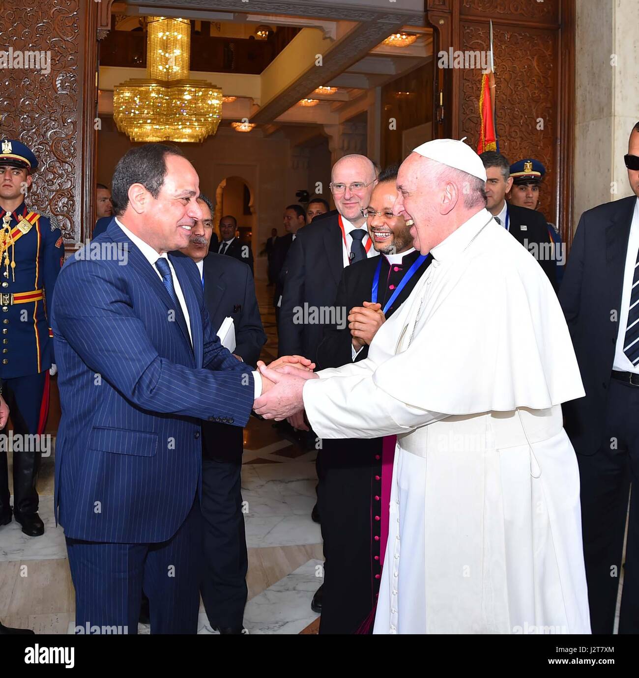 28 April 2017 - Cairo, Egypt - Pope Francis visits Egypt hosted by Egyptian President Abdel Fatah Al Sisi, where he gave speeches for peace in the Middle East and held a public mass in an Air Force Stadium.  (Presidency Pool Photo) Stock Photo