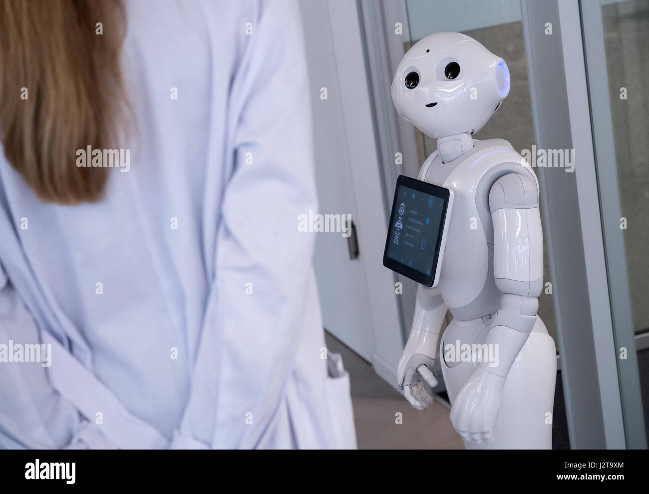 Munich, Germany. 26th Apr, 2017. The robot 'Pepper' can be seen at a showroom in the headquarters of IBM in Munich, Germany, 26 April 2017. Pepper is a humanoid robot programmed to analyse people's facial expressions and gestures. Photo: Sven Hoppe/dpa/Alamy Live News Stock Photo