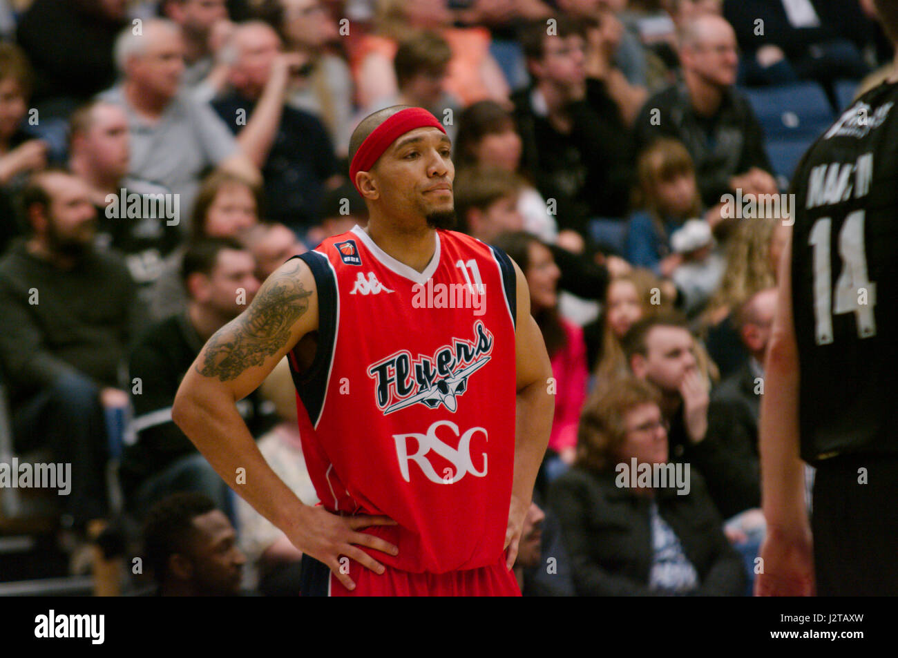 Newcastle upon Tyne, England, 30th April 2017. Greg Streete playing for Bristol Flyers against Esh Group Eagles Newcastle in the quarter final second leg of the BBL Playoffs at Sport Central. Credit: Colin Edwards/Alamy Live News. Stock Photo