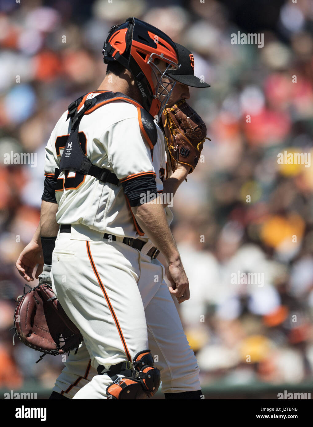 San Francisco, California, USA. 30th Apr, 2017. San Francisco Giants catcher Buster Posey (28) walks San Francisco Giants starting pitcher Ty Blach (50) back to the mound, sharing a strategy for the next pitch the during a MLB game between the San Diego Padres and the San Francisco Giants at AT&T Park in San Francisco, California. Valerie Shoaps/CSM/Alamy Live News Stock Photo