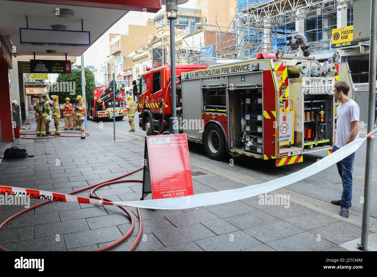 Adelaide, Australia. 1st May, 2017. Metropolitan fire services attend to a fire started in a building in Hindley Street in the Central Business district of Adelaide causing damage worth 40k as the Police have asked members of the public to avoid the area Credit: amer ghazzal/Alamy Live News Stock Photo