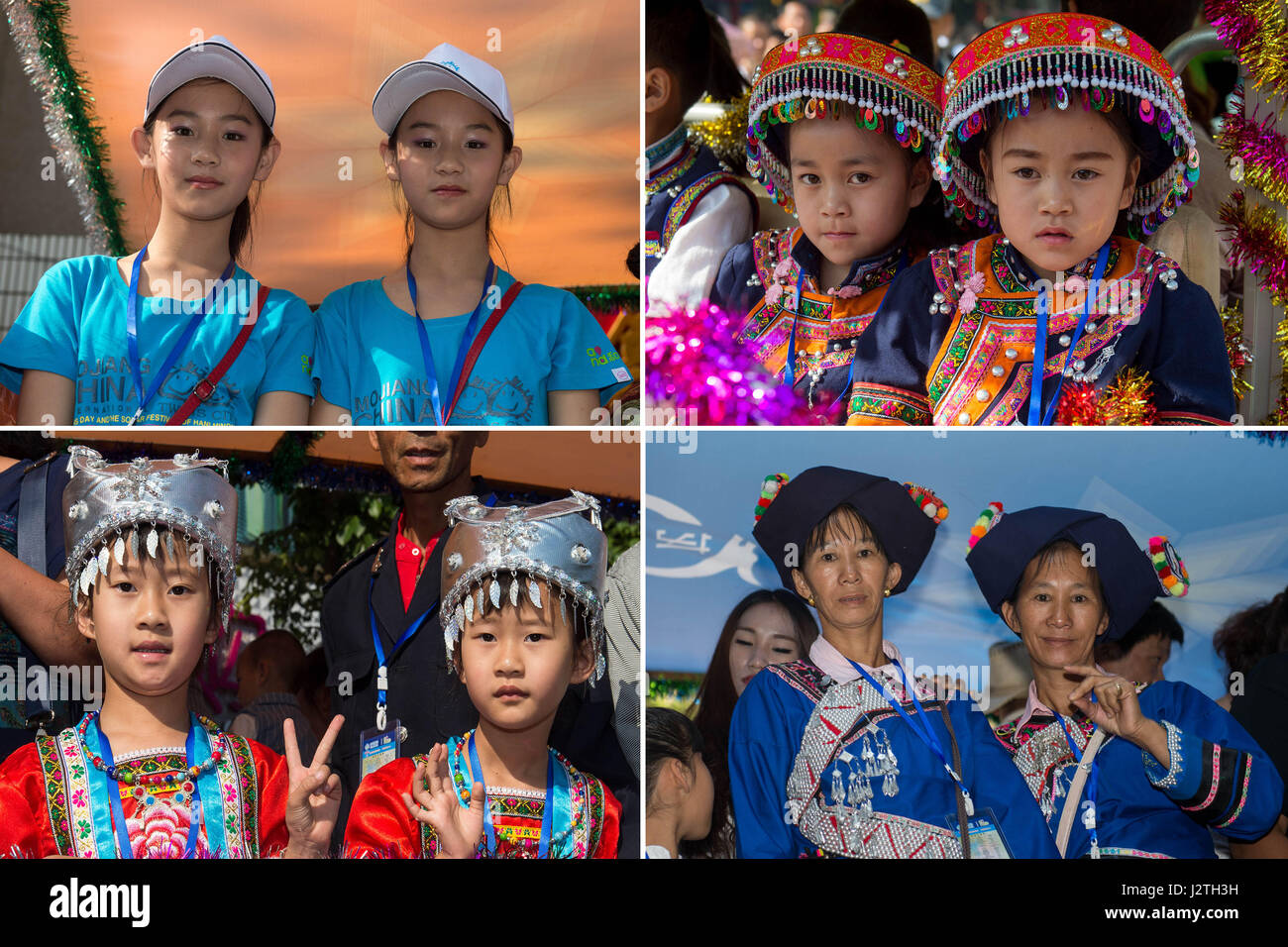 (170501) -- MOJIANG, May 1, 2017 (Xinhua) -- The combined photo shows four pairs of twins attending an annual festival of their own in Mojiang, southwest China's Yunnan Province, May 1, 2017. Twins and multiple births from home and abroad gathered here to celebrate the three-day festival. Mojiang County is known in China as 'the land of twins' because the county has more than 1,000 pairs of twins. (Xinhua/Hu Chao)(mcg) Stock Photo