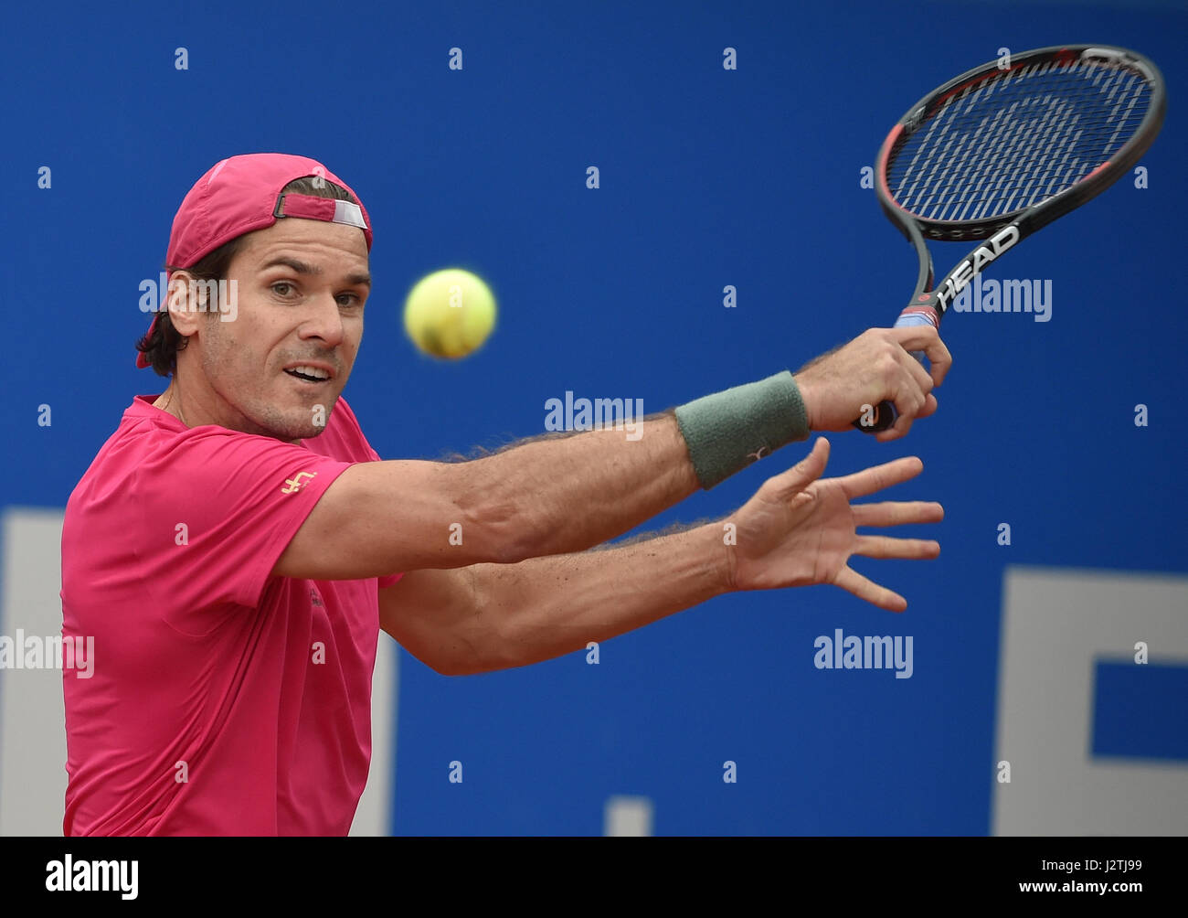 Munich, Germany. 01st May, 2017. German tennis player Tommy Haas plays  against Ukraine's Sergiy Stakhovsky in the men's singles first round match  at the ATP tour in Munich, Germany, 01 May 2017.