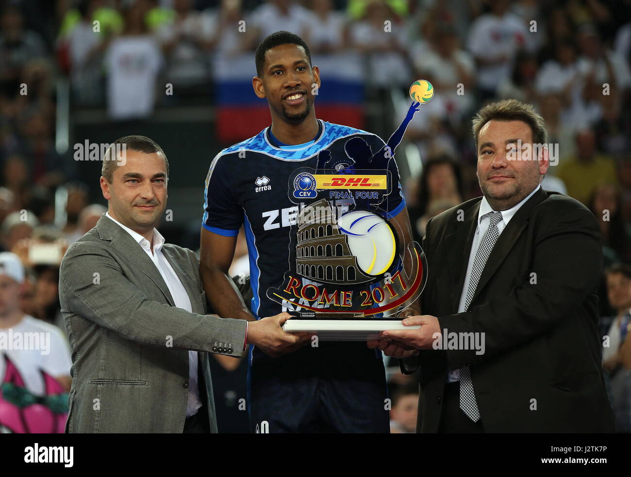 ROME, ITALY - APRIL 30, 2017: Zenit Kazan's Wilfredo Leon (C) celebrates  winning their 2016/17 Season CEV Champions League Final Four final  volleyball match against Sir Sicoma Colussi Perugia at Rome's  PalaLottomatica