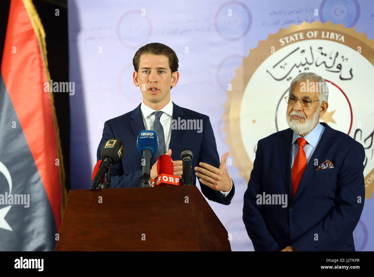 Tripoli, Libya. 1st May, 2017. Austria's Minister of Foreign Affairs Sebastian Kurz (L) and Libyan Government of National Accord's Foreign Minister Mohamed Taha Siala give a joint press conference in Tripoli, Libya, on May 1, 2017. Credit: Hamza Turkia/Xinhua/Alamy Live News Stock Photo