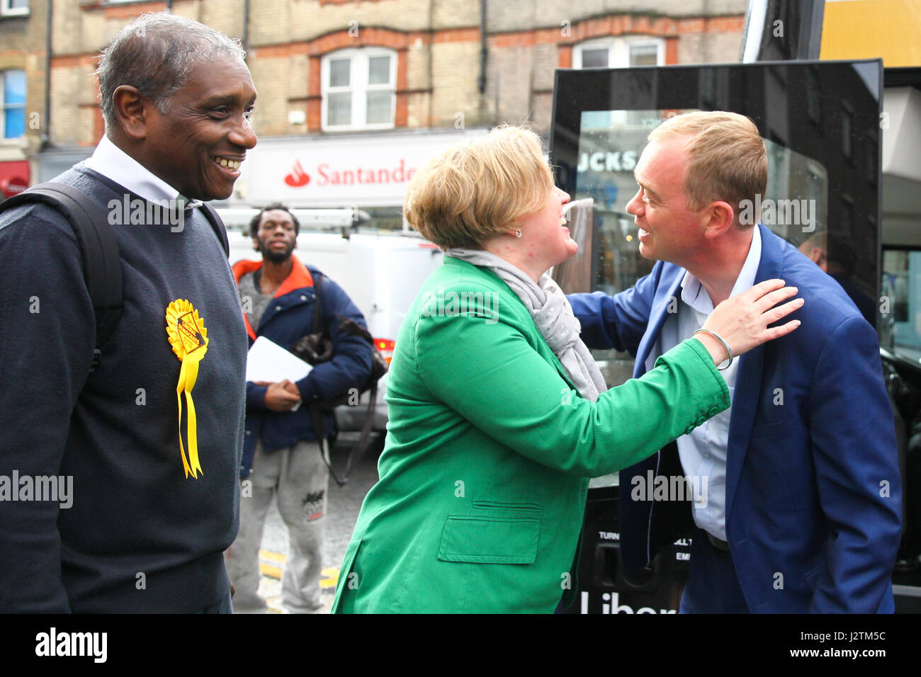 London, UK. 01st May, 2017. Brian Haley candidate for Tottenham, Dawn Barnes  candidate  for Hornesy and Tim Farron (l to r) Liberal Democrat leader Tim Farron attends an election campaign event in Hornsey Town Hall on day one of his battle bus tour and is greeted by Dawn Barnes Lib Dem candidate for Hornsey and Wood Green. Credit: Dinendra Haria/Alamy Live News Stock Photo