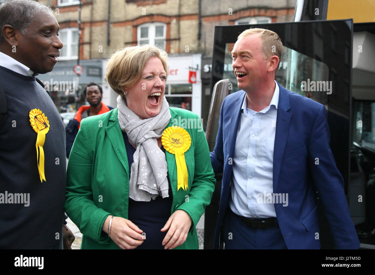 London, UK. 01st May, 2017.  Brian Haley candidate for Tottenham, Dawn Barnes  candidate  for Hornesy and Tim Farron (l to r) Liberal Democrat leader Tim Farron attends an election campaign event in Hornsey Town Hall on day one of his battle bus tour and is greeted by Dawn Barnes Lib Dem candidate for Hornsey and Wood Green. Credit: Dinendra Haria/Alamy Live News Stock Photo