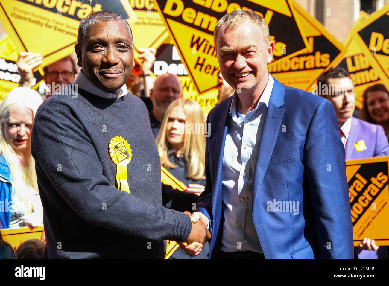 London, UK. 01st May, 2017.Brian Haley candidate for Tottenham with Tim Farron (l to r). Liberal Democrat leader Tim Farron attends an election campaign event in Hornsey Town Hall on day one of his battle bus tour and is greeted by Dawn Barnes Lib Dem candidate for Hornsey and Wood Green.. Credit: Dinendra Haria/Alamy Live News Credit: Dinendra Haria/Alamy Live News Credit: Dinendra Haria/Alamy Live News Stock Photo