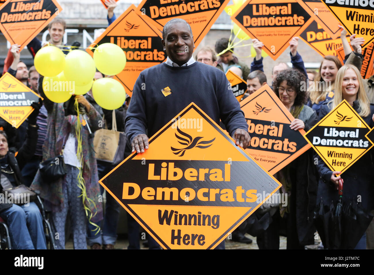 London, UK. 01st May, 2017.Brian Haley Liberal Democrats candidate for Tottenham. Liberal Democrat leader Tim Farron attends an election campaign event in Hornsey Town Hall on day one of his battle bus tour and is greeted by Dawn Barnes Lib Dem candidate for Hornsey and Wood Green.. Credit: Dinendra Haria/Alamy Live News Stock Photo