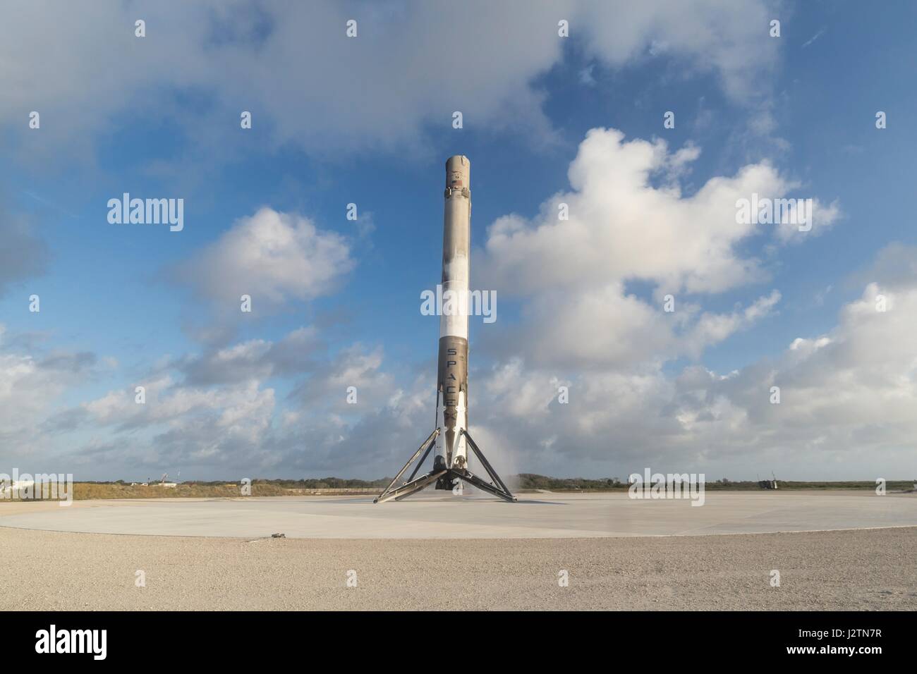 Cape Canaveral, United States Of America. 01st May, 2017. The SpaceX Falcon 9 booster rocket successfully lands back at the Kennedy Space Center after lifting a classified military satellite into orbit May 1, 2017 in Cape Canaveral, Florida. The delayed SpaceX mission was the first for the National Reconnaissance Office carrying a top-secret spy satellite. Credit: Planetpix/Alamy Live News Stock Photo