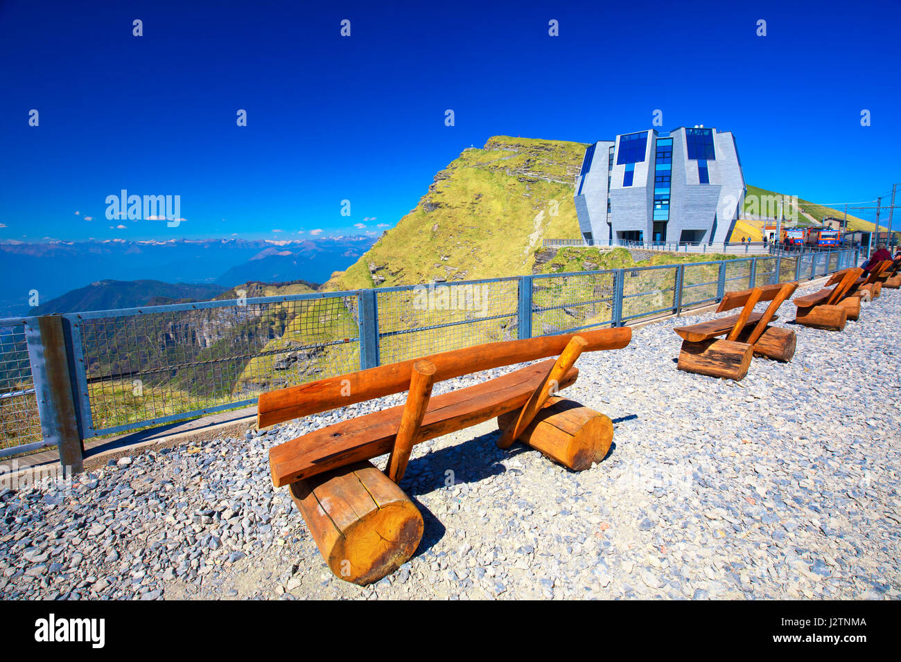 MONTE GENEROSO, SWITZERLAND - April 2017 - Mountain railway line with panorama restaurant in the Italian speaking canton of Ticino, in south-east Swit Stock Photo