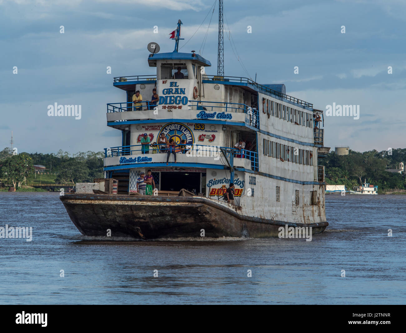 Santa Rosa, Peru - May 11, 2016: A passenger ferry and cargo on the Amazon river Stock Photo