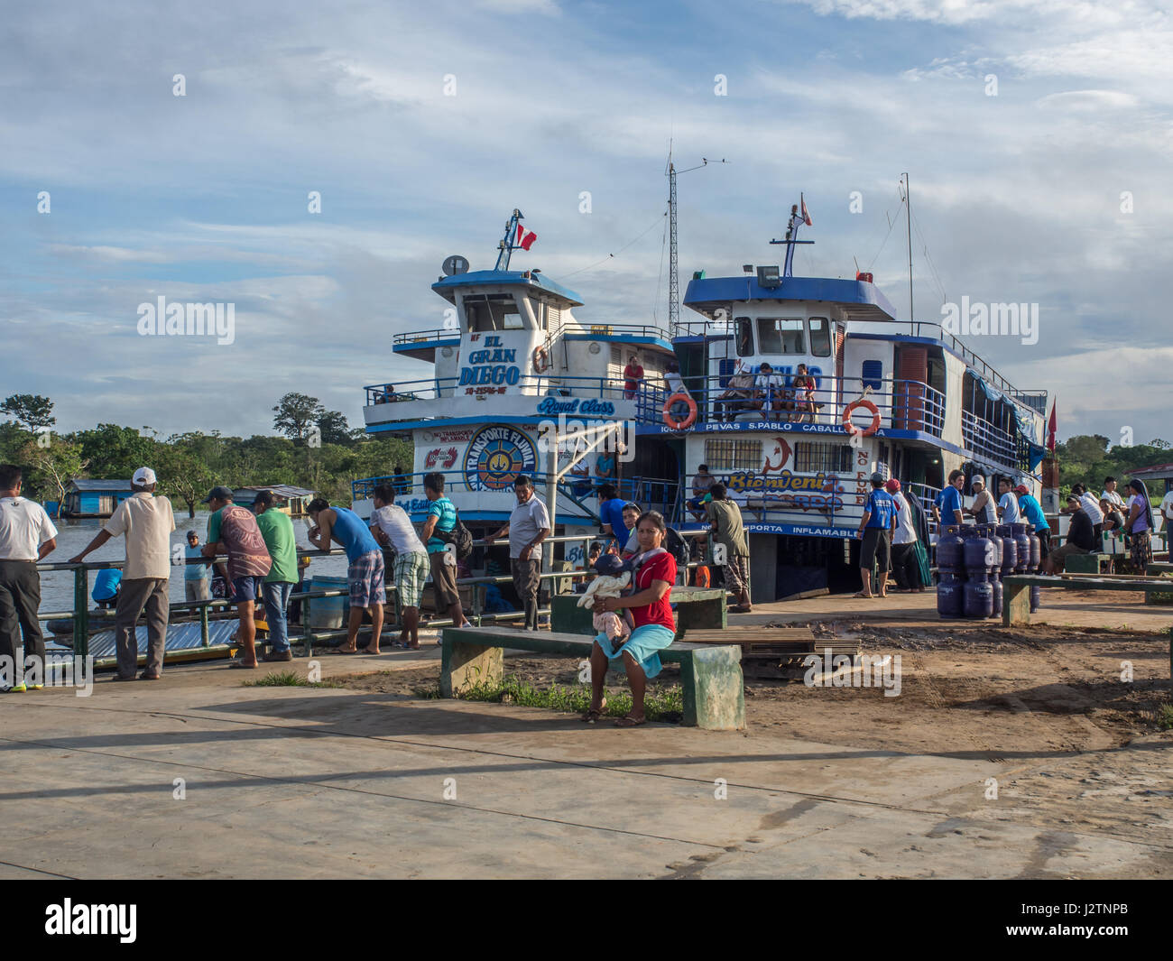 Amazon River, Peru - May 12, 2016: A passenger ferry and cargo on the Amazon river Stock Photo