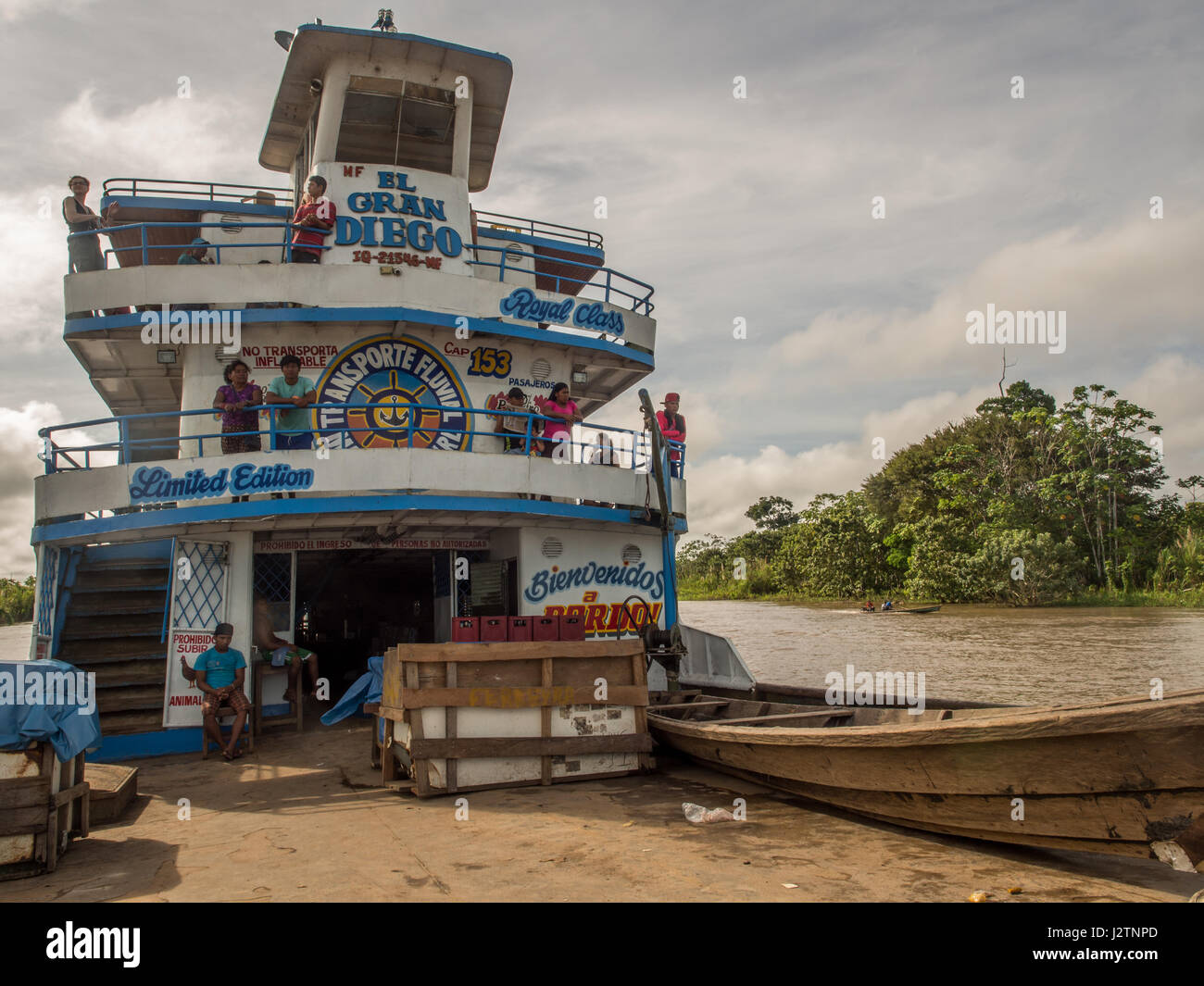 Amazon River, Peru - May 12, 2016: A passenger ferry and cargo on the Amazon river Stock Photo