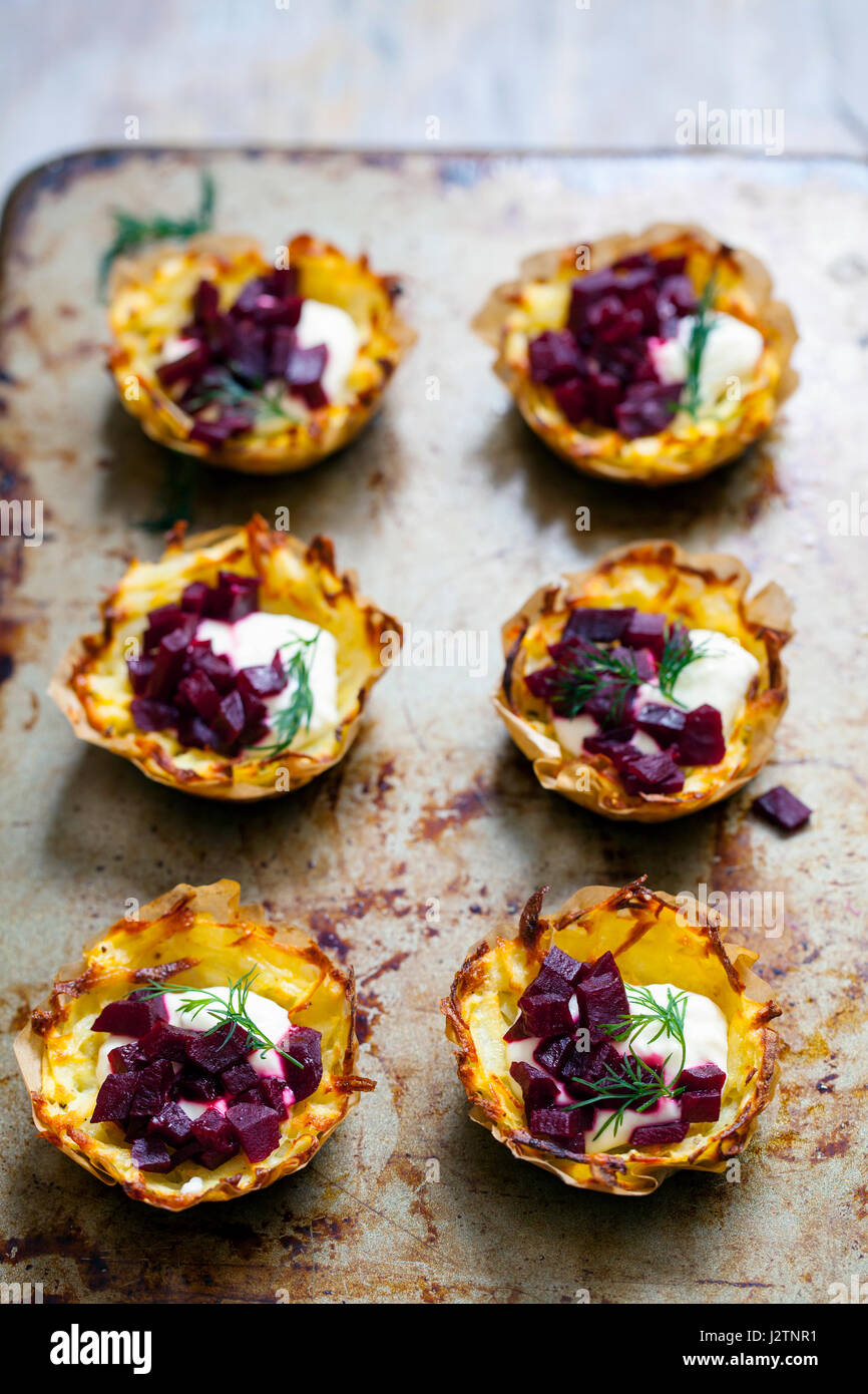 Potato rosti with beetroot and horseradish Stock Photo Alamy