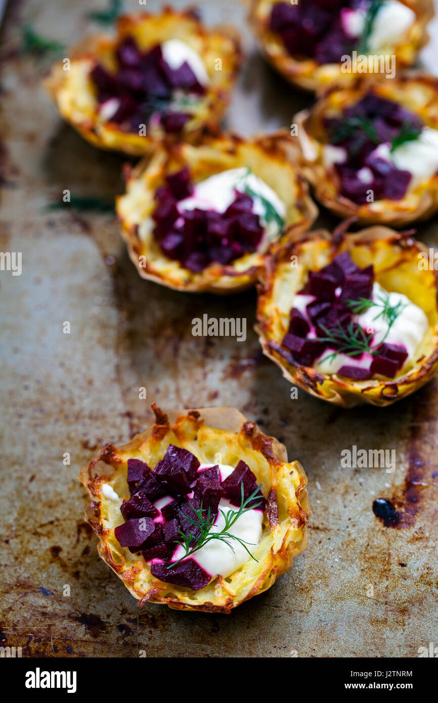Potato rosti with beetroot and horseradish Stock Photo Alamy