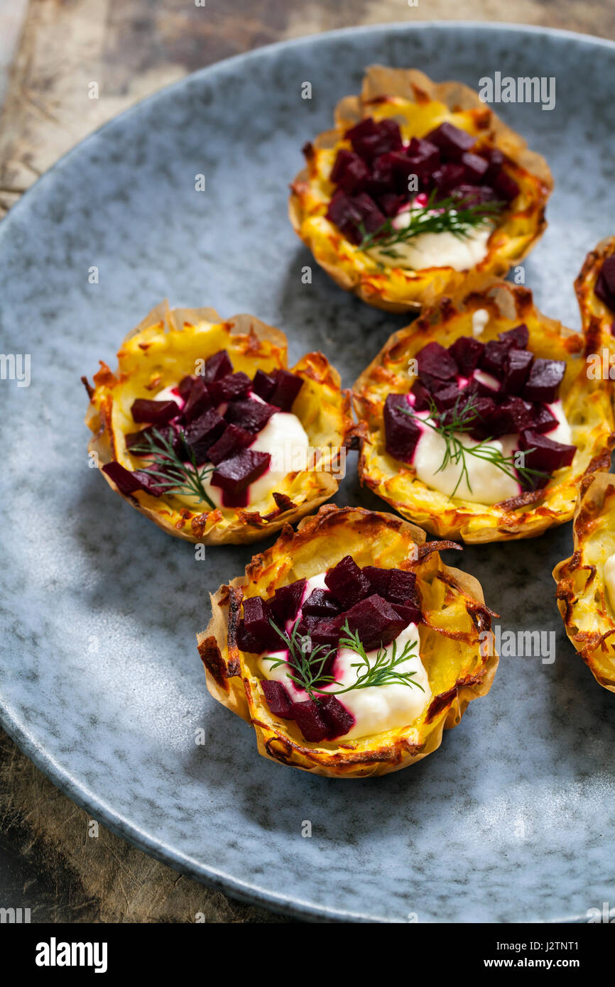 Potato rosti with beetroot and horseradish Stock Photo Alamy