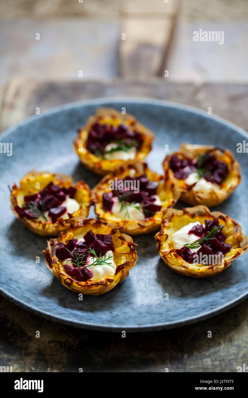Potato rosti with beetroot and horseradish Stock Photo Alamy