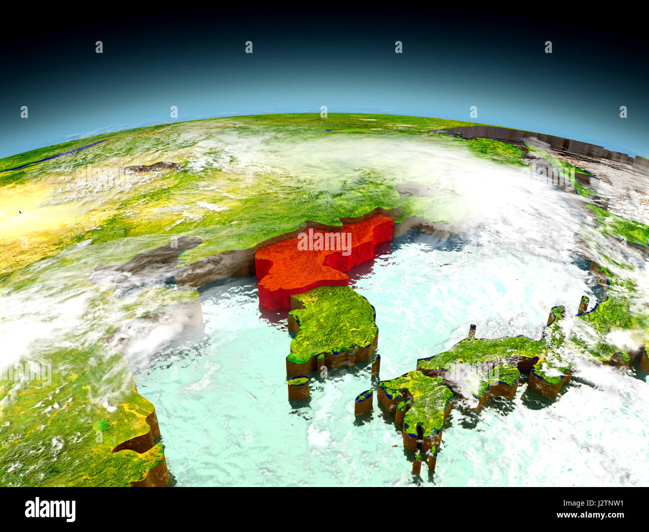 North Korea in red on model of planet Earth as seen from orbit. 3D ...
