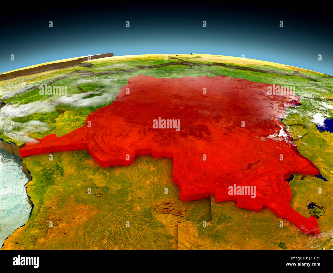 Democratic Republic of Congo in red on model of planet Earth as seen ...