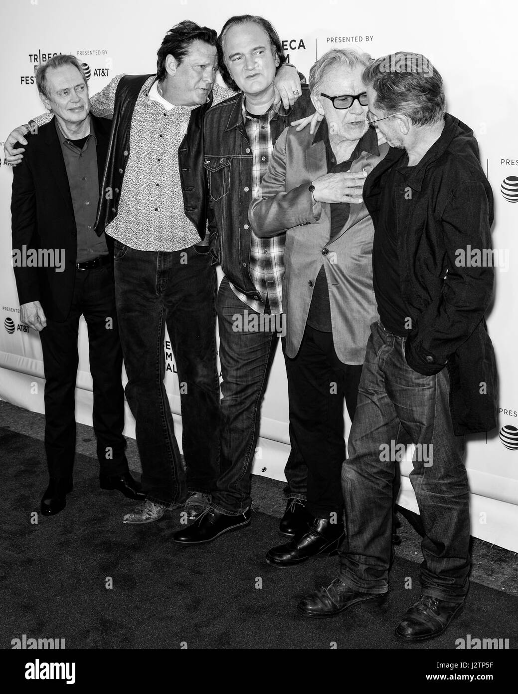 NEW YORK, NY - APRIL 28, 2017: Steve Buscemi, Michael Madsen, Quentin Tarantino, Harvey Keitel and Tim Roth attend the 'Reservoir Dogs' 25th Anniversa Stock Photo