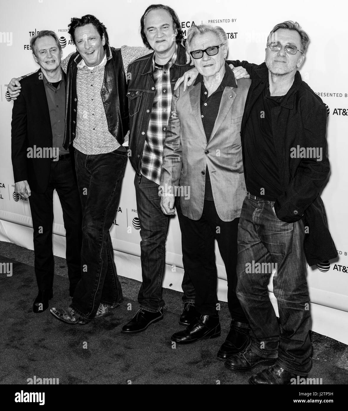 NEW YORK, NY - APRIL 28, 2017: (L-R) Steve Buscemi, Michael Madsen, Quentin Tarantino, Harvey Keitel and Tim Roth attend the 'Reservoir Dogs' 25th Ann Stock Photo