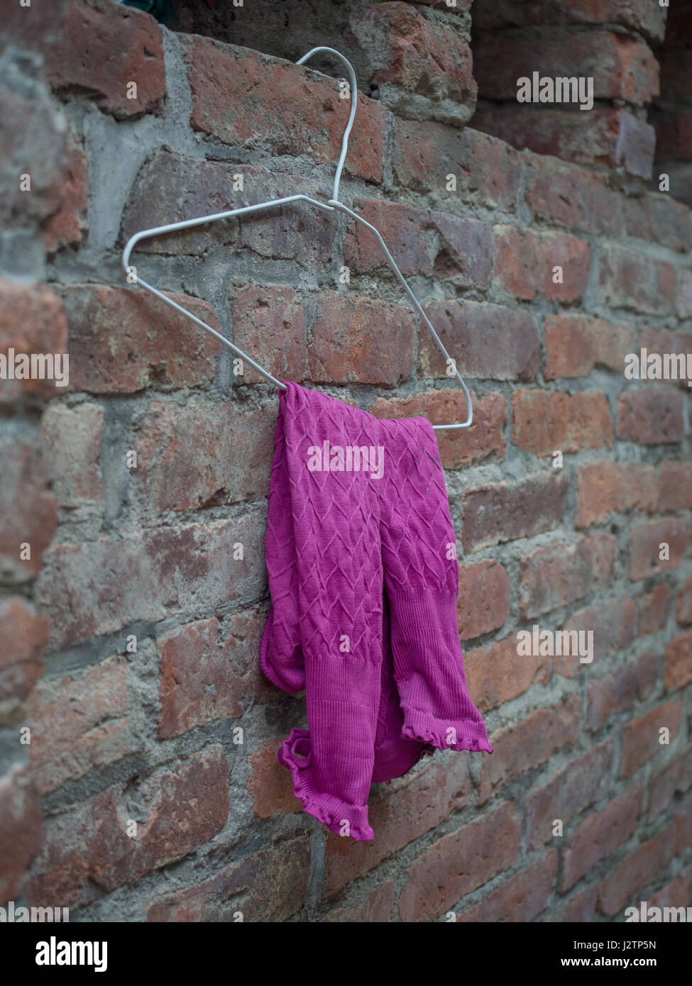 Pink socks drying  on a metal hanger on a  brick wall Stock Photo