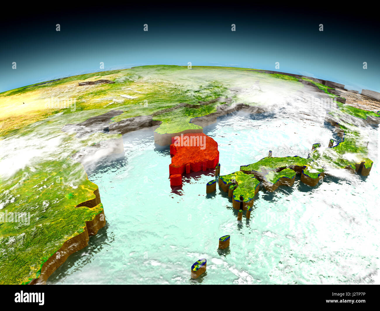 South Korea in red on model of planet Earth as seen from orbit. 3D ...