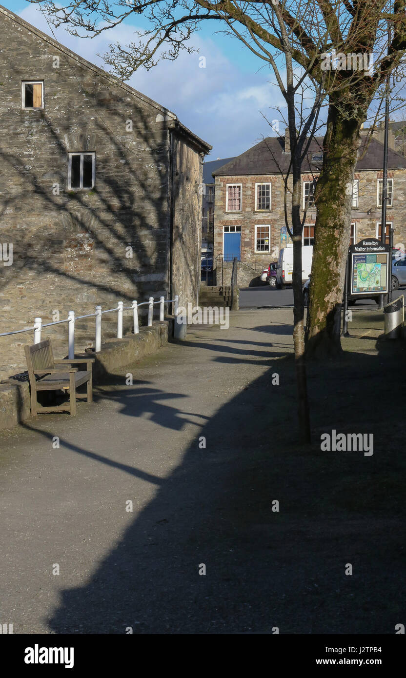 Footpath beside the River Lennon and visitor information sign in Ramelton, County Donegal, Ireland. Stock Photo
