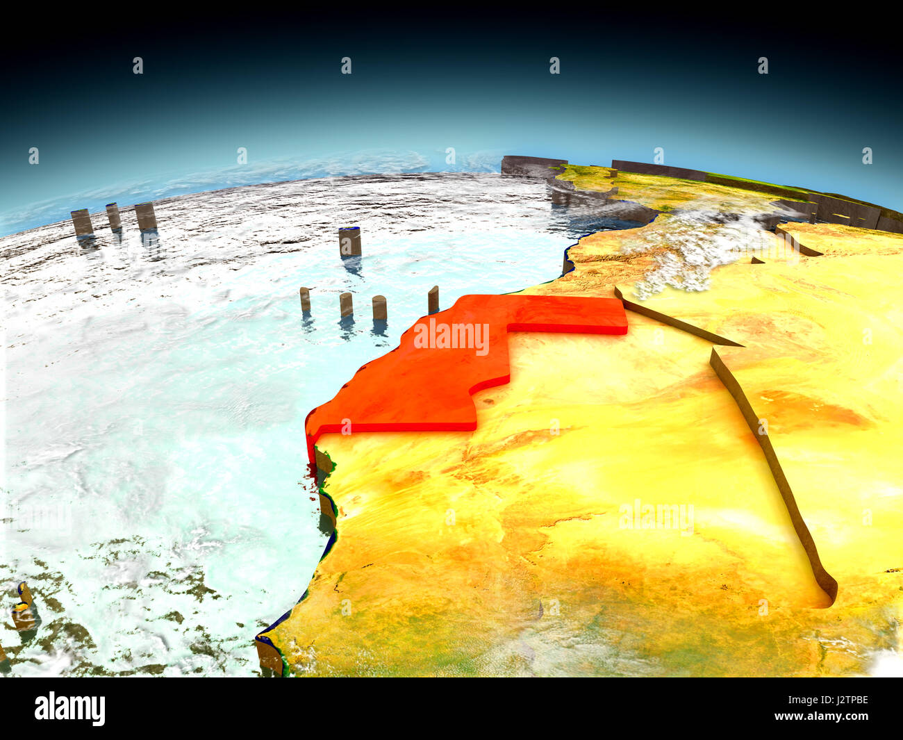 Western Sahara in red on model of planet Earth as seen from orbit. 3D ...