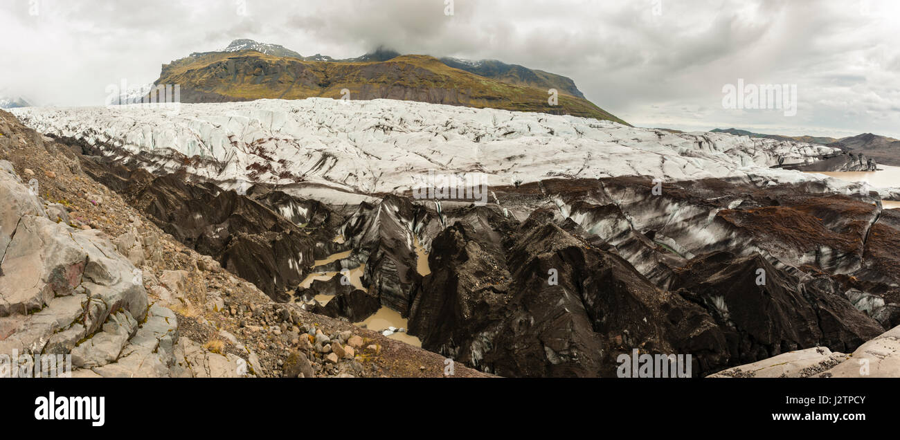 Panoramic view of Svínafellsjökull Glacier, glacier tongue, outlet glacier of Vatnajokull, Iceland. Stock Photo