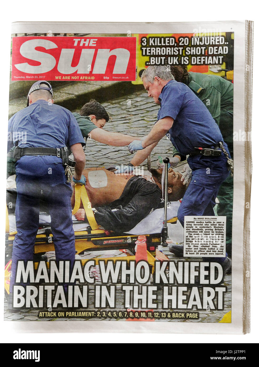 The headlines from The Sun newspaper from 23rd March 2017 after the Westminster Bridge terrorist attack in London. Stock Photo