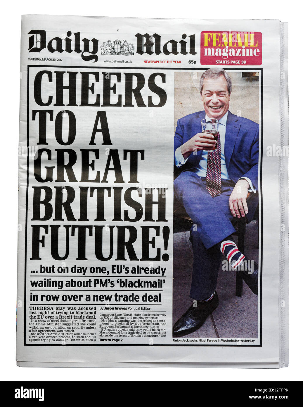 Headlines from the Daily Mail after Great Britain triggered the Brexit process and Article 50. Stock Photo