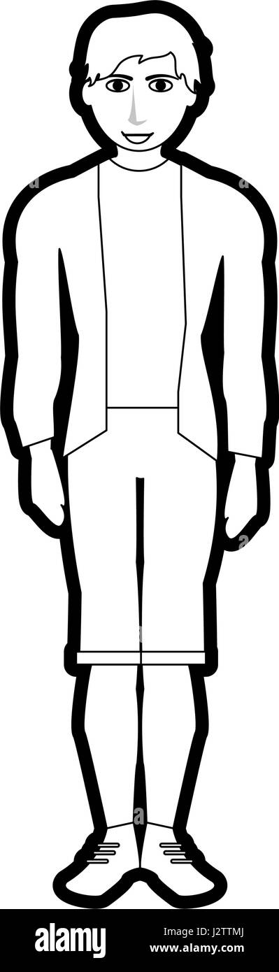 black silhouette cartoon full body man with shorts and jacket Stock Vector