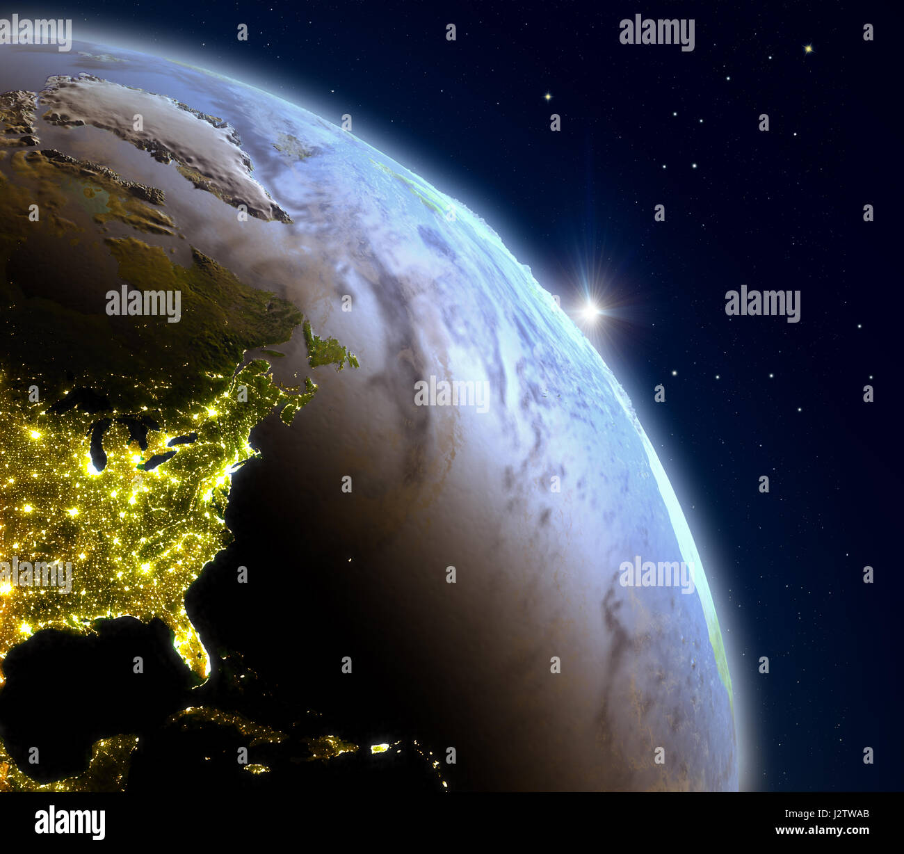 East coast of North America during sunrise from Earth's orbit in space ...