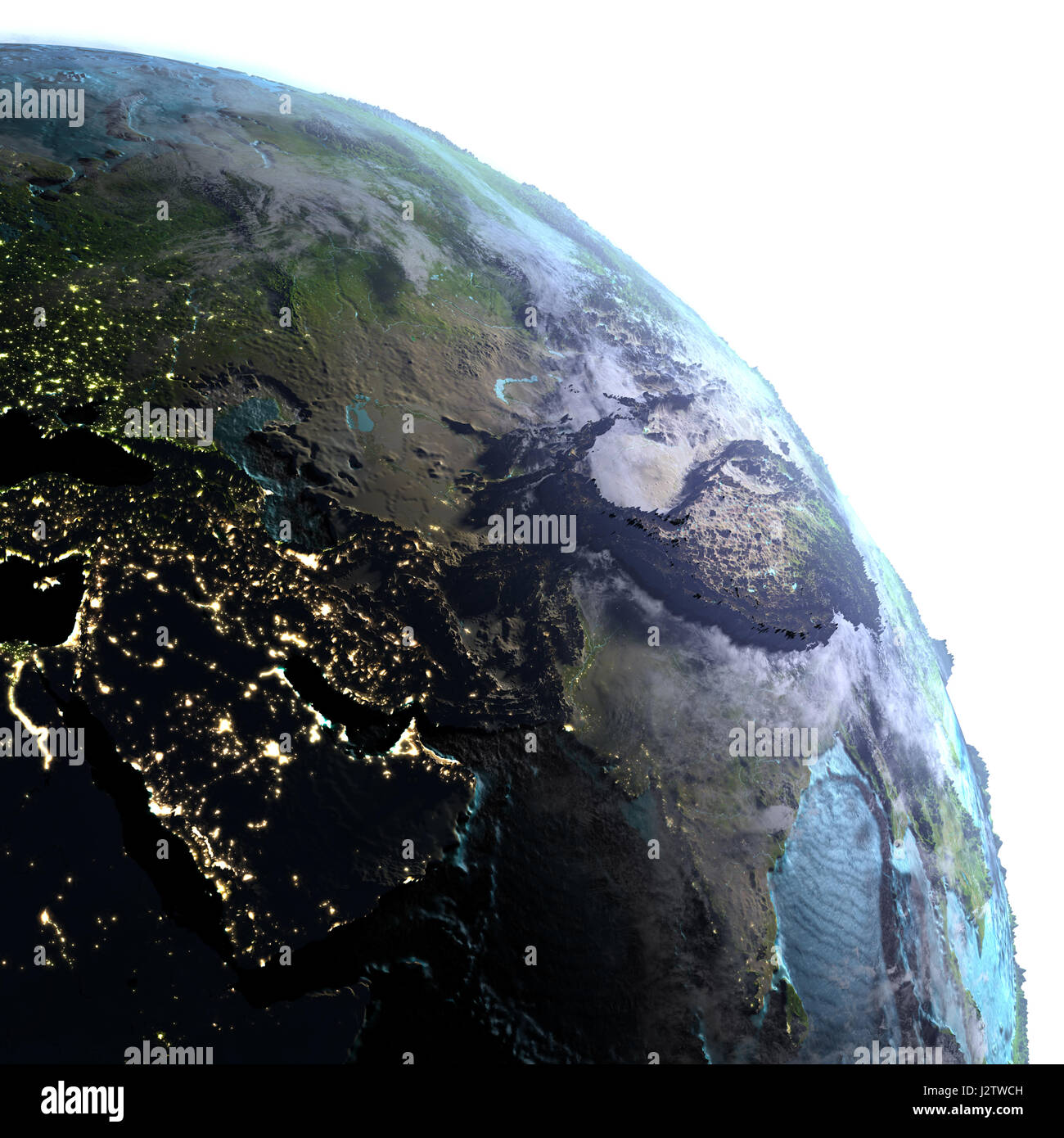 Middle East on model of planet Earth at dawn. 3D illustration with ...