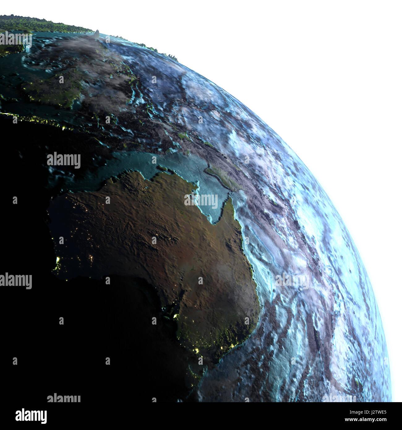 Australia on model of planet Earth at dawn. 3D illustration with white ...