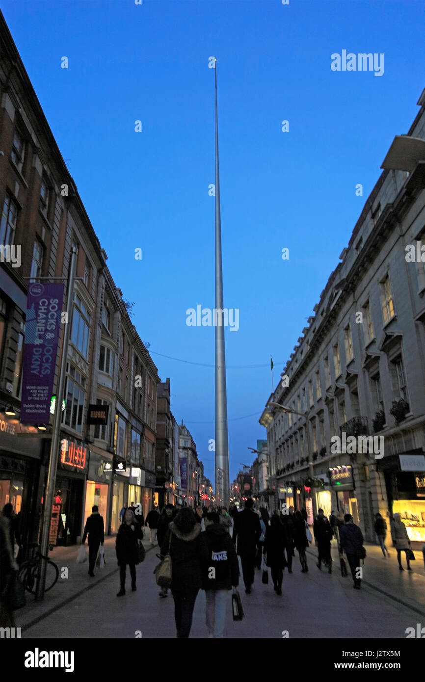 Nighttime view of Spire of Dublin, also called the Monument of Light, Henry Street, Dublin