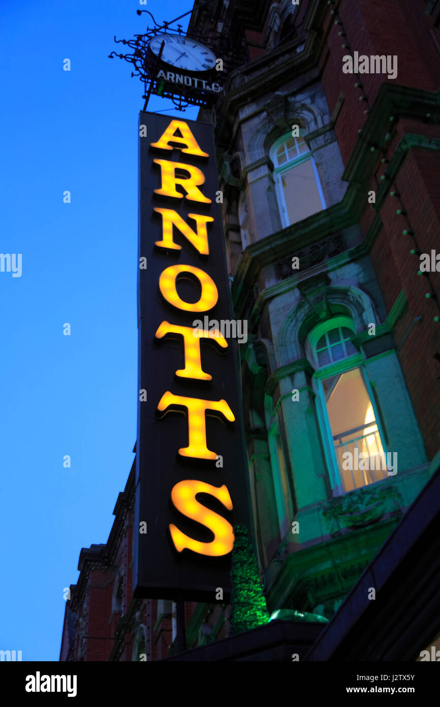 Arnotts department store shop sign at night, Dublin, Ireland, Republic