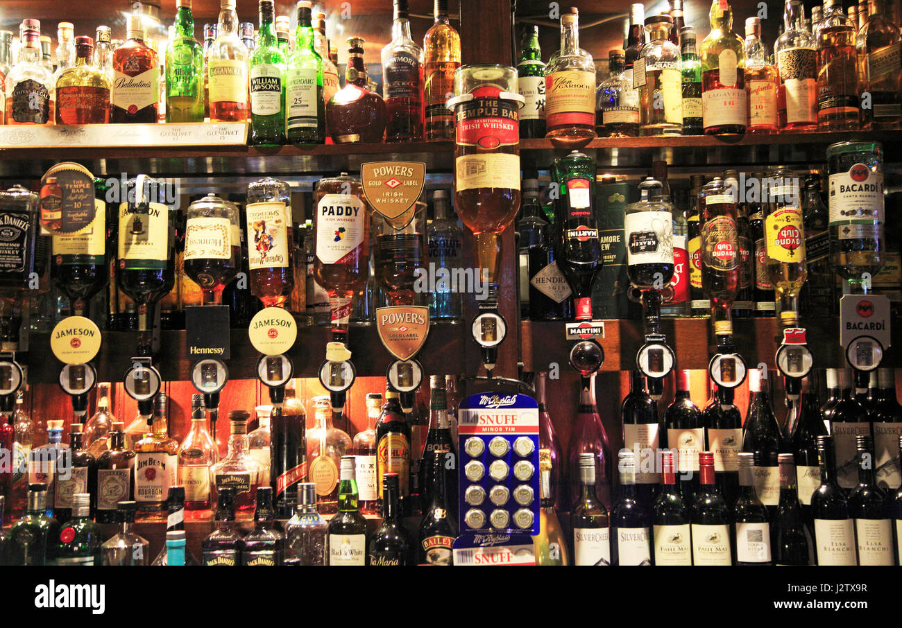 Bottles of spirits bar display inside the Temple Bar pub, Dublin city