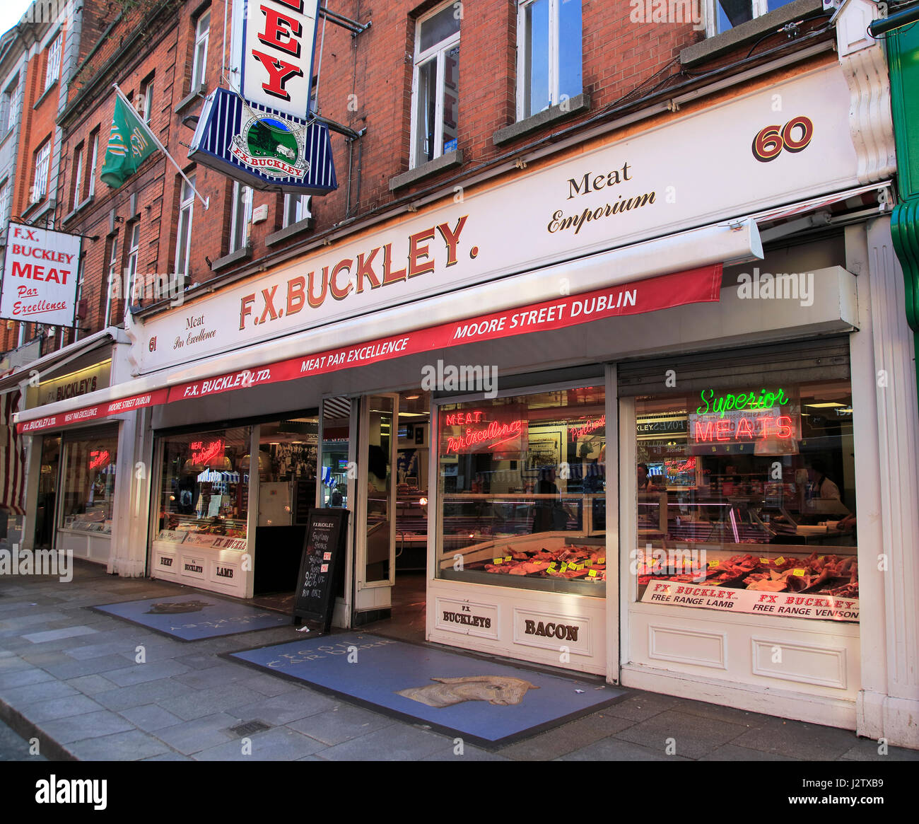 F X Buckley butcher shop, Moore Street, Dublin city centre, Ireland, Republic of Ireland Stock Photo
