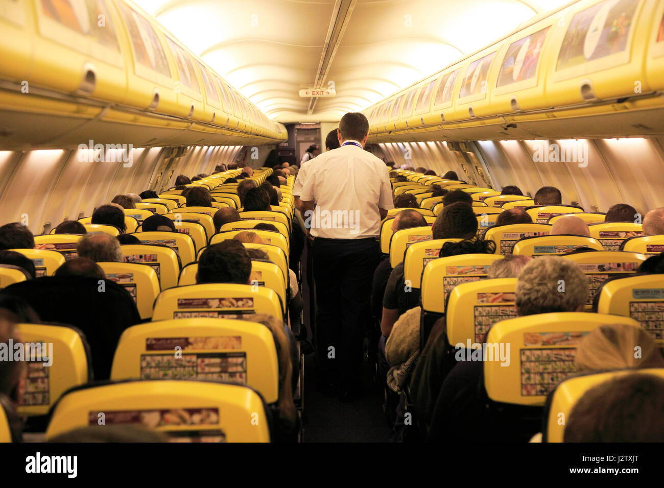 Inside Ryanair plane at Stansted airport, Essex, England, UK Stock Photo