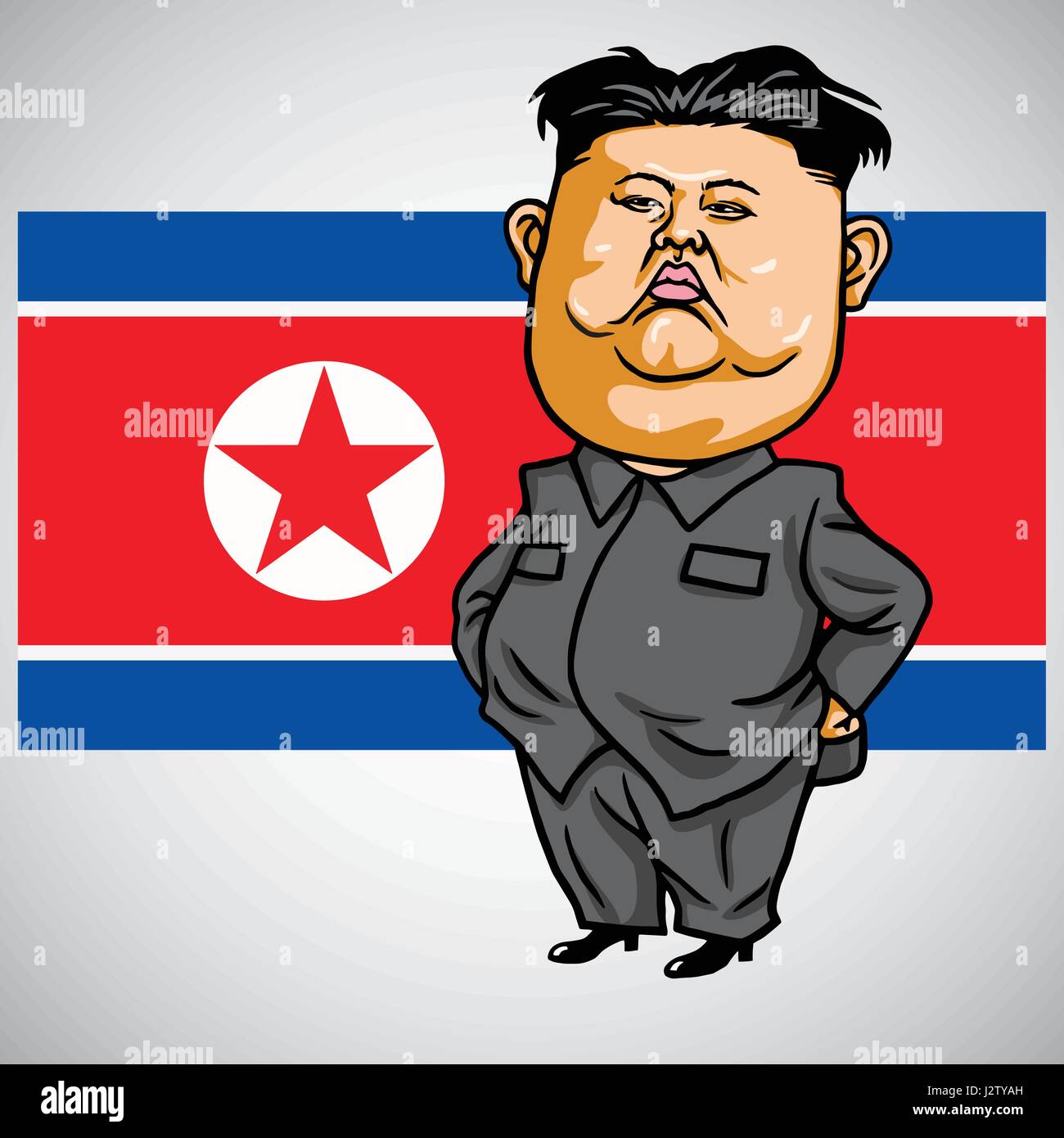 Kim Jong-un Cartoon with North Korea Flag. Vector Illustration. May