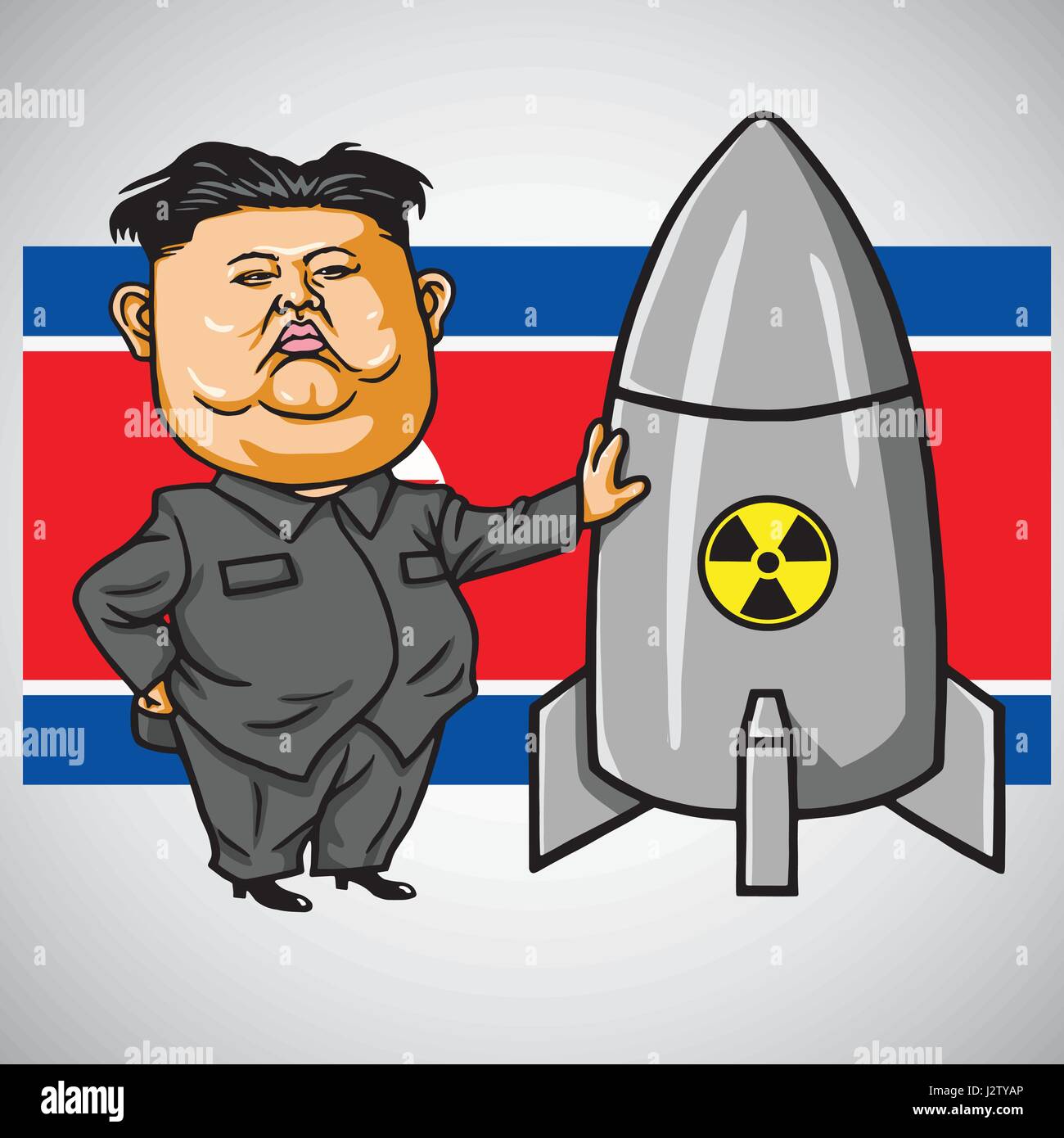 Kim Jong-un Cartoon with Missile on North Korea Flag Background Stock