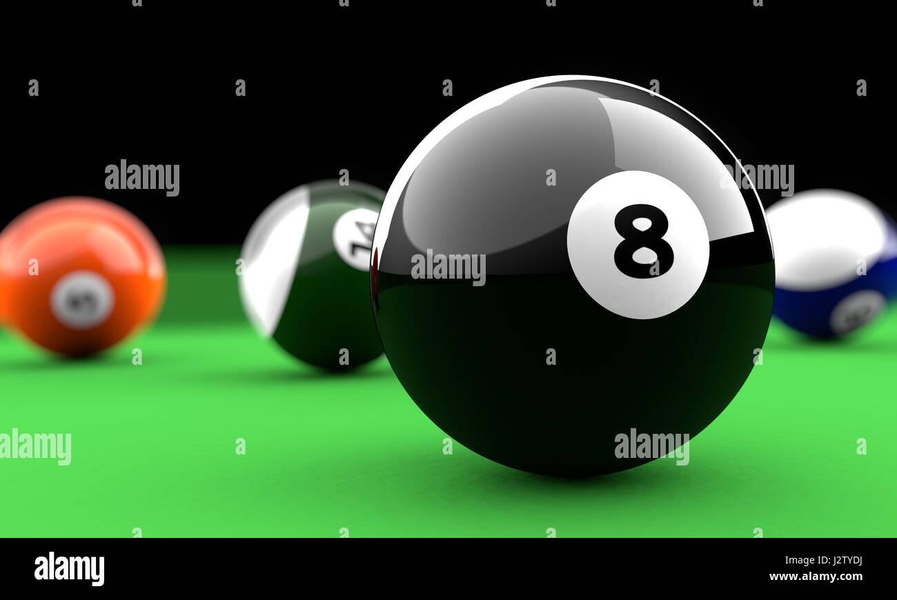 Biliard balls on a green table with the black one in front Stock Photo -  Alamy