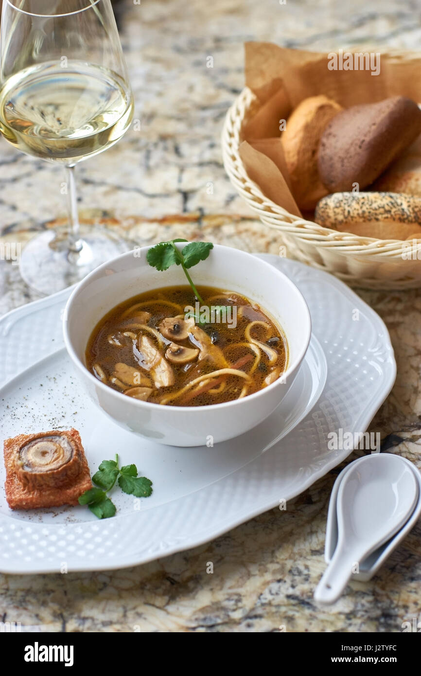 Mushroom soup with egg noodles Stock Photo Alamy